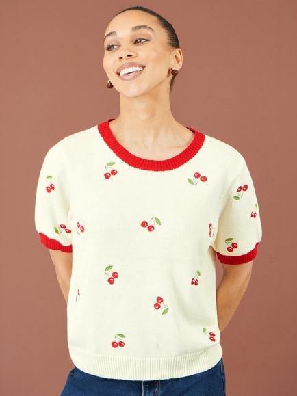 Yumi Cherry Cotton Knitted Top, Ivory - view 2, Ivory