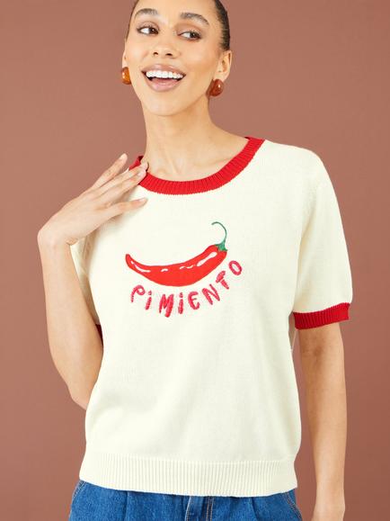 Yumi Pimento Chilli Cotton Knitted Top, Ivory - view 2, Ivory