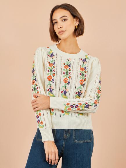 Yumi Floral Embroidery Cable Jumper, Ivory, Ivory