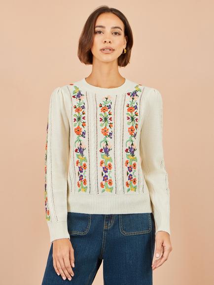 Yumi Floral Embroidery Cable Jumper, Ivory - view 2, Ivory