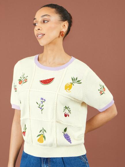 Yumi Fruit Cotton Knitted Top, Ivory, Ivory