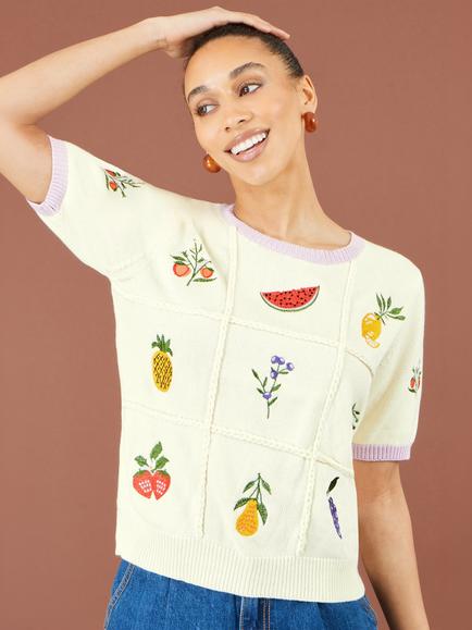 Yumi Fruit Cotton Knitted Top, Ivory - view 2, Ivory