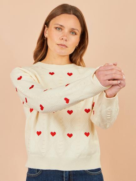 Yumi Embroidered Heart Jumper, Ivory - view 2, Ivory