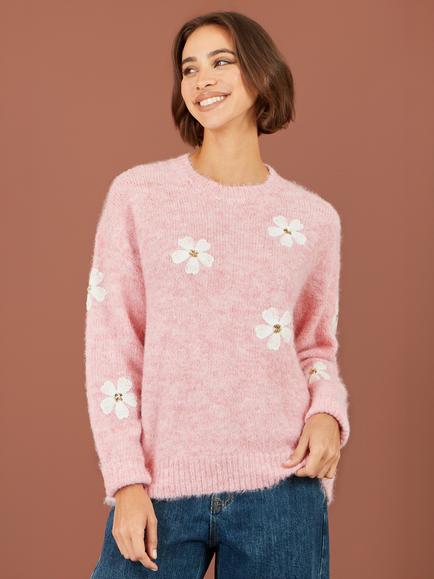 Yumi Crochet Flowers Relaxed Jumper, Pink, Pink
