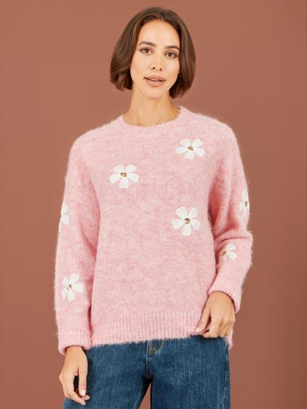 Yumi Crochet Flowers Relaxed Jumper, Pink - view 2, Pink