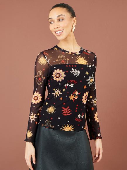 Yumi Cosmic Mesh Top, Black, Black