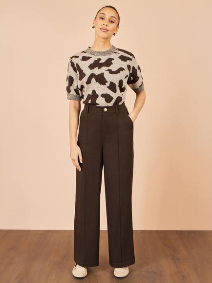 Yumi Wide Leg Stretch Trousers, Brown, Brown