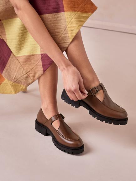 Celtic & Co. Leather Chunky T-Bar Loafers, Chestnut - view 2, Chestnut