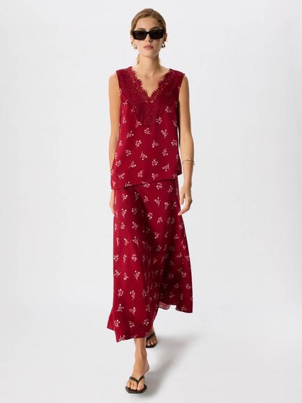 Whistles Floral V-Neck Lace Trim Top, Burgundy/Multi, Burgundy/Multi