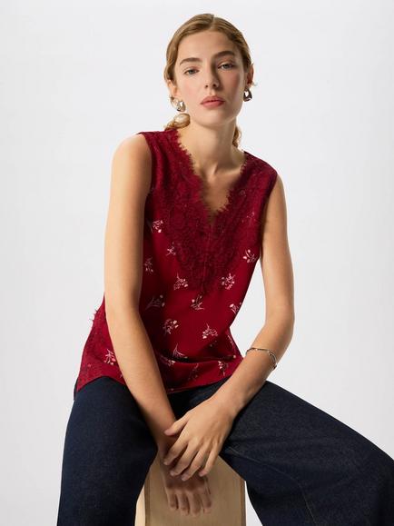 Whistles Floral V-Neck Lace Trim Top, Burgundy/Multi - view 2, Burgundy/Multi