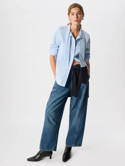 Whistles Scarf Neck Stripe Cotton Shirt, Blue/Multi, Blue/Multi