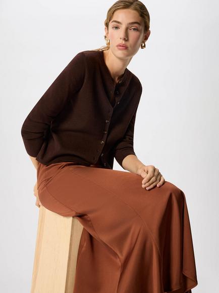 Whistles Panel Waist Satin Midi Skirt containing LENZING™ ECOVERO™ Viscose, Brown - view 2, Brown
