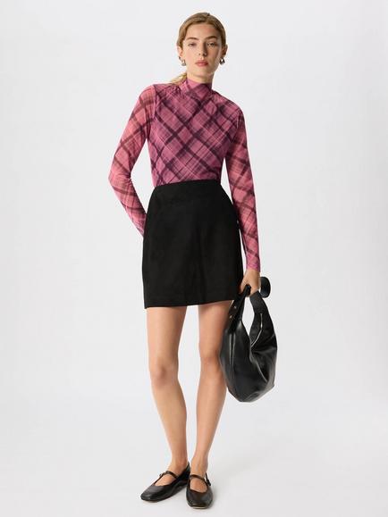 Whistles High Neck Check Print Mesh Top, Pink/Multi, Pink/Multi