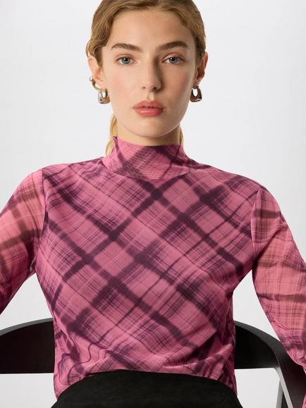 Whistles High Neck Check Print Mesh Top, Pink/Multi - view 2, Pink/Multi