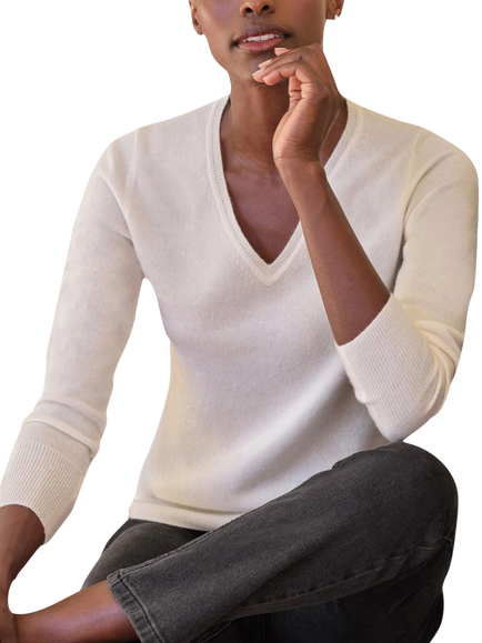 Pure Collection Cashmere V-Neck Jumper, Pearl White, Pearl White
