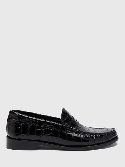 Whistles Manny Slim Croc Effect Leather Loafers, Black, Black