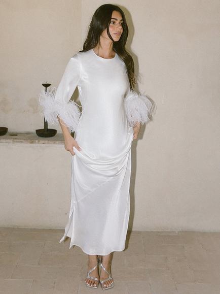 Rewritten Dolly Feather Sleeved Satin Dress, Ivory, Ivory