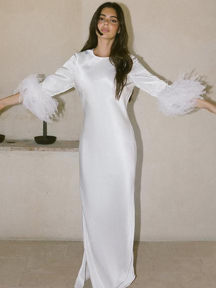Rewritten Dolly Feather Sleeved Satin Dress, Ivory - view 2, Ivory