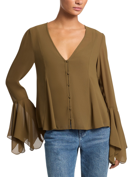 MICHAEL Michael Kors V-Neck Flare Sleeve Blouse, Khaki, Khaki
