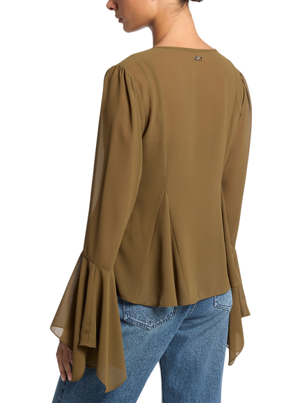 MICHAEL Michael Kors V-Neck Flare Sleeve Blouse, Khaki - view 2, Khaki