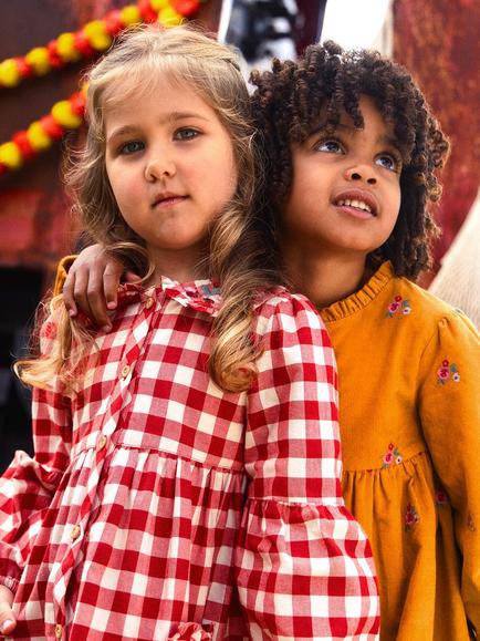 JoJo Maman Bébé Kids' Check Heart Dress, Bright Red - view 2, Bright Red