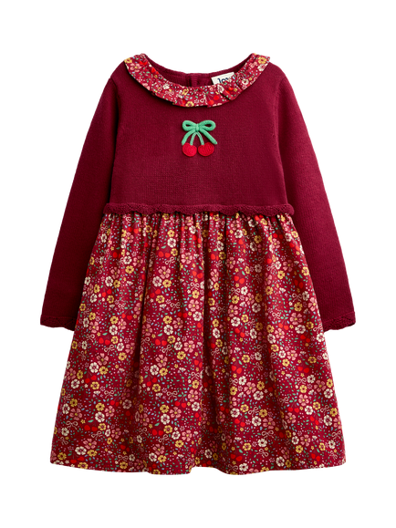 JoJo Maman Bébé Kids' Cherry Combo Dress, Burgundy Red, Burgundy Red