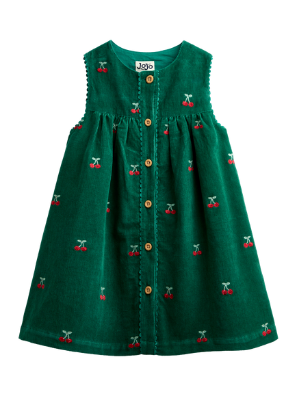 JoJo Maman Bébé Kids' Cherry Corduroy Dress, Mid Green, Mid Green