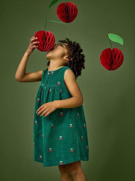 JoJo Maman Bébé Kids' Cherry Corduroy Dress, Mid Green - view 2, Mid Green