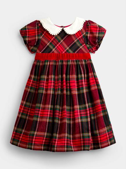 JoJo Maman Bébé Kids' Collar Puff Sleeve Tartan Dress, Bright Red, Bright Red