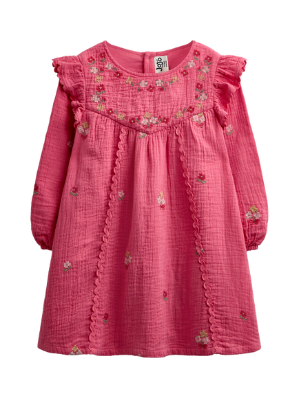 JoJo Maman Bébé Kids' Cross Stitch Dress, Pink, Pink