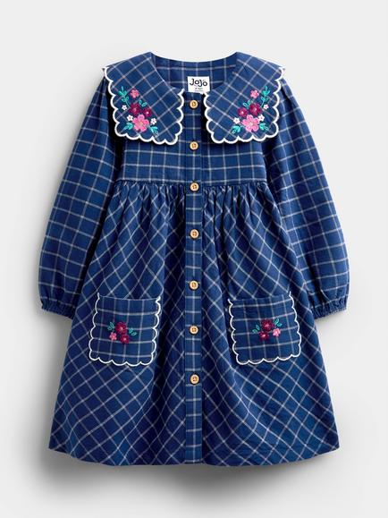 JoJo Maman Bébé Kids' Cotton Floral Embroidered Check Dress, Navy Blue, Navy Blue