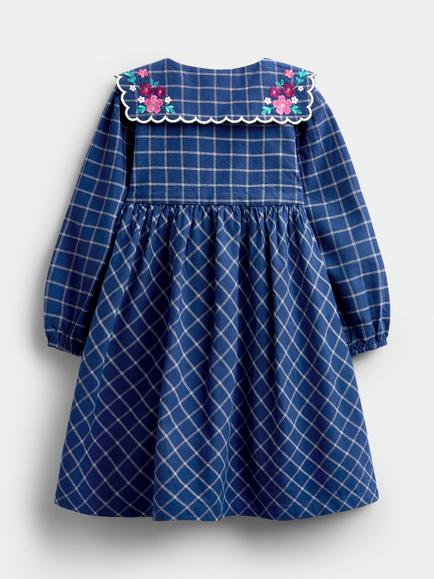JoJo Maman Bébé Kids' Cotton Floral Embroidered Check Dress, Navy Blue - view 2, Navy Blue