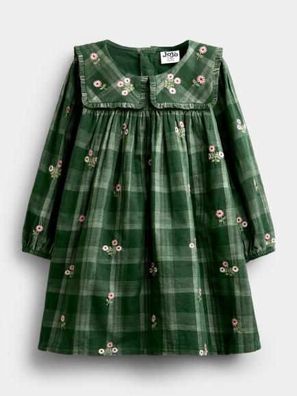 JoJo Maman Bébé Kids' Floral Check Dress, Mid Green, Mid Green