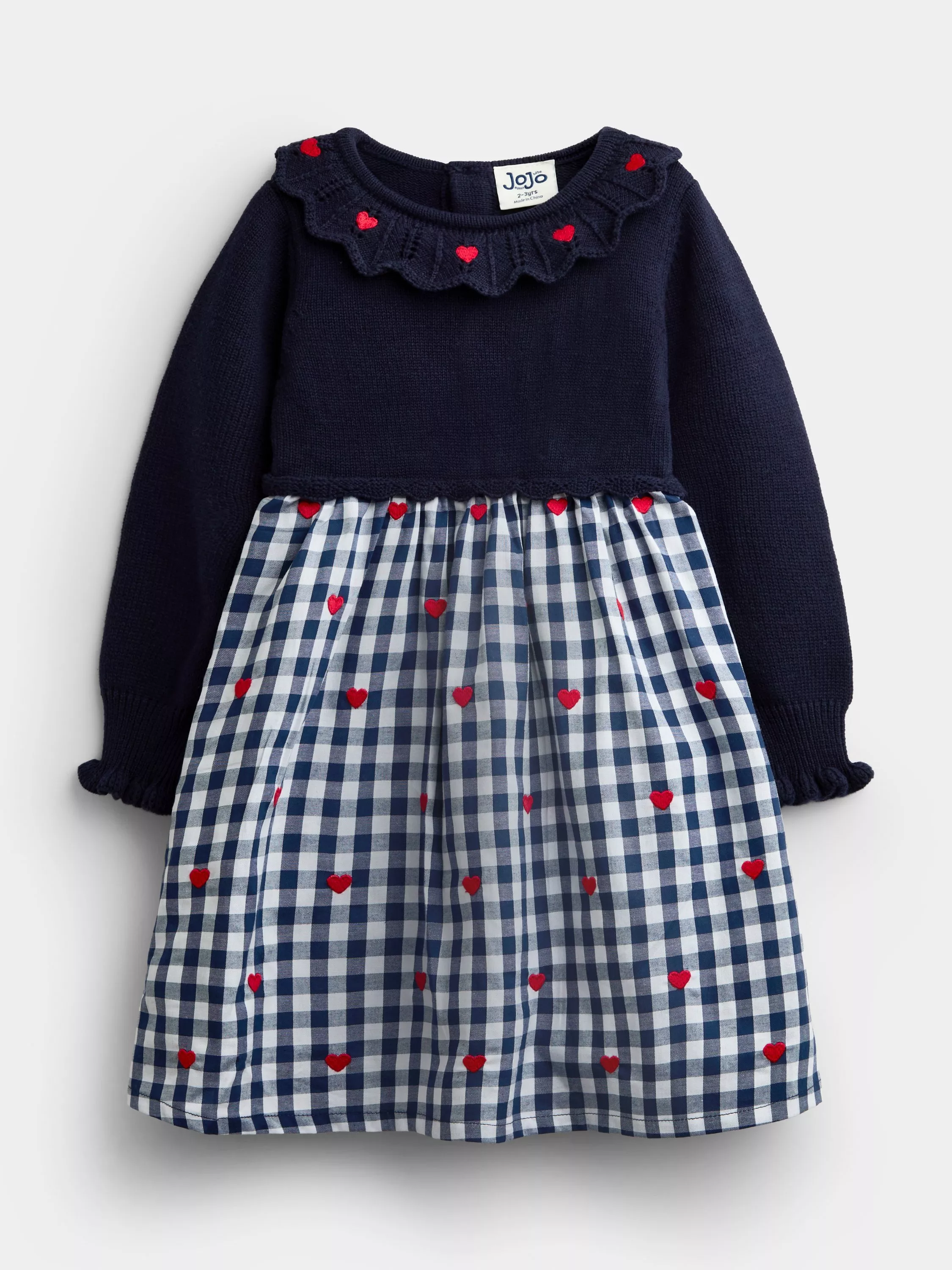 JoJo Maman Bébé Baby Long Sleeve Gingham Heart Dress, Navy Blue