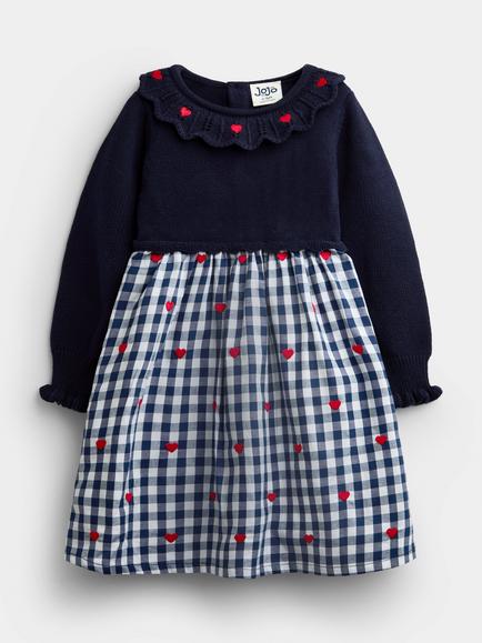 JoJo Maman Bébé Baby Long Sleeve Gingham Heart Dress, Navy Blue, Navy Blue