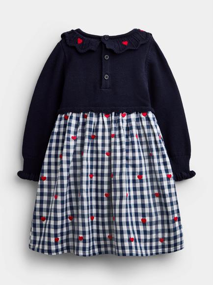 JoJo Maman Bébé Baby Long Sleeve Gingham Heart Dress, Navy Blue - view 2, Navy Blue