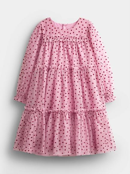 JoJo Maman Bébé Baby Flocked Heart Tiered Tulle Dress, Mid Pink, Mid Pink