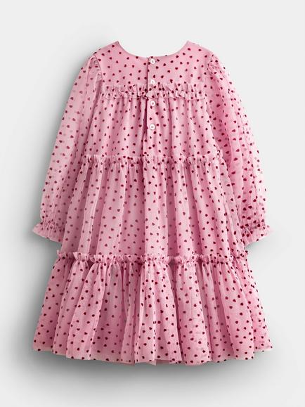 JoJo Maman Bébé Baby Flocked Heart Tiered Tulle Dress, Mid Pink - view 2, Mid Pink