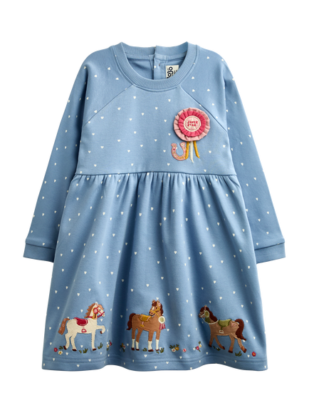 JoJo Maman Bébé Kids' Horse Button Dress, Denim Blue, Denim Blue