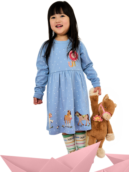 JoJo Maman Bébé Kids' Horse Button Dress, Denim Blue - view 2, Denim Blue