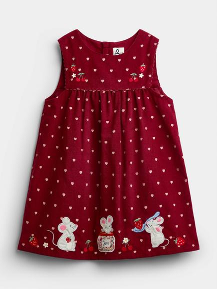 JoJo Maman Bébé Kids' Mouse Cord Dress, Burgundy, Burgundy Red