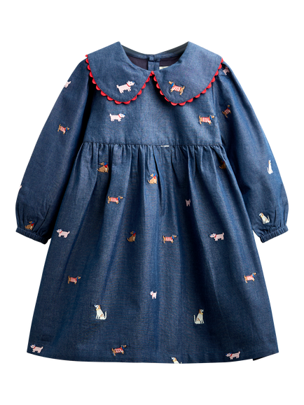 JoJo Maman Bébé Kids' Pet Chambray Dress, Mid Wash Denim, Mid Wash Denim
