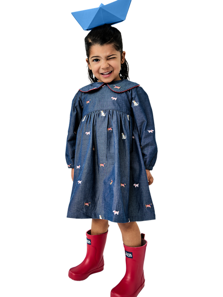 JoJo Maman Bébé Kids' Pet Chambray Dress, Mid Wash Denim - view 2, Mid Wash Denim