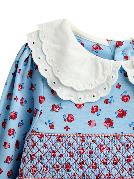 JoJo Maman Bébé Kids' Ditsy Smocked Dress, Light Blue - view 2, Light Blue