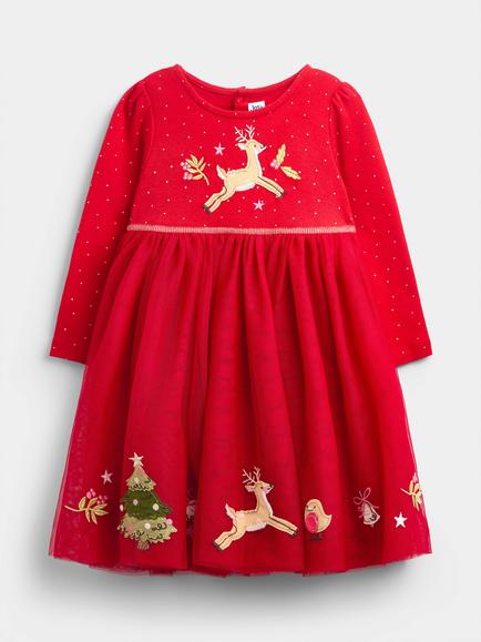 JoJo Maman Bébé Kids' Long Sleeve Reindeer Hem Dress, Bright Red, Bright Red