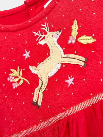 JoJo Maman Bébé Kids' Long Sleeve Reindeer Hem Dress, Bright Red - view 2, Bright Red