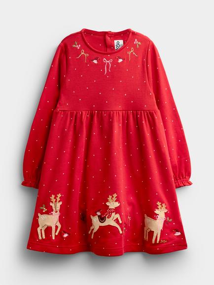 JoJo Maman Bébé Kids' Reindeer Hem Dress, Bright Red, Bright Red
