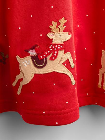 JoJo Maman Bébé Kids' Reindeer Hem Dress, Bright Red - view 2, Bright Red