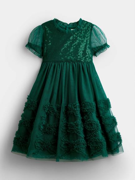 JoJo Maman Bébé Kids' Puff Sleeve Sequin and Tulle Dress, Emerald Green, Emerald Green