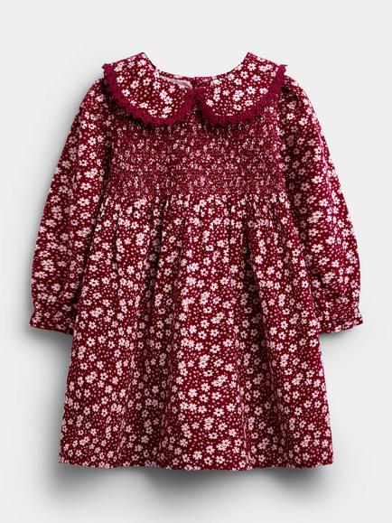 JoJo Maman Bébé Baby Long Sleeve Smocked Floral Corduroy Dress, Berry Red, Berry Red